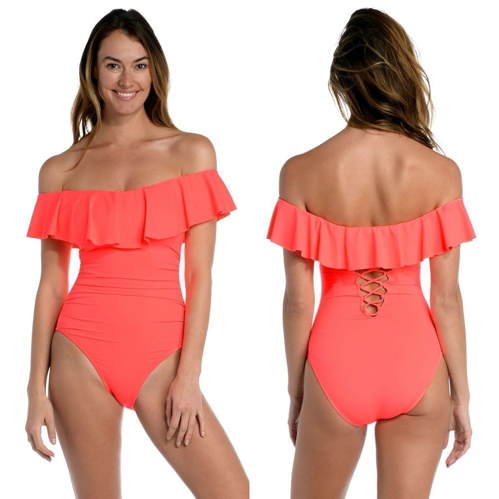 La Blanca Island Goddess Off Shoulder Ruffle One Piece Swimsuit Size 8 Coral NWT